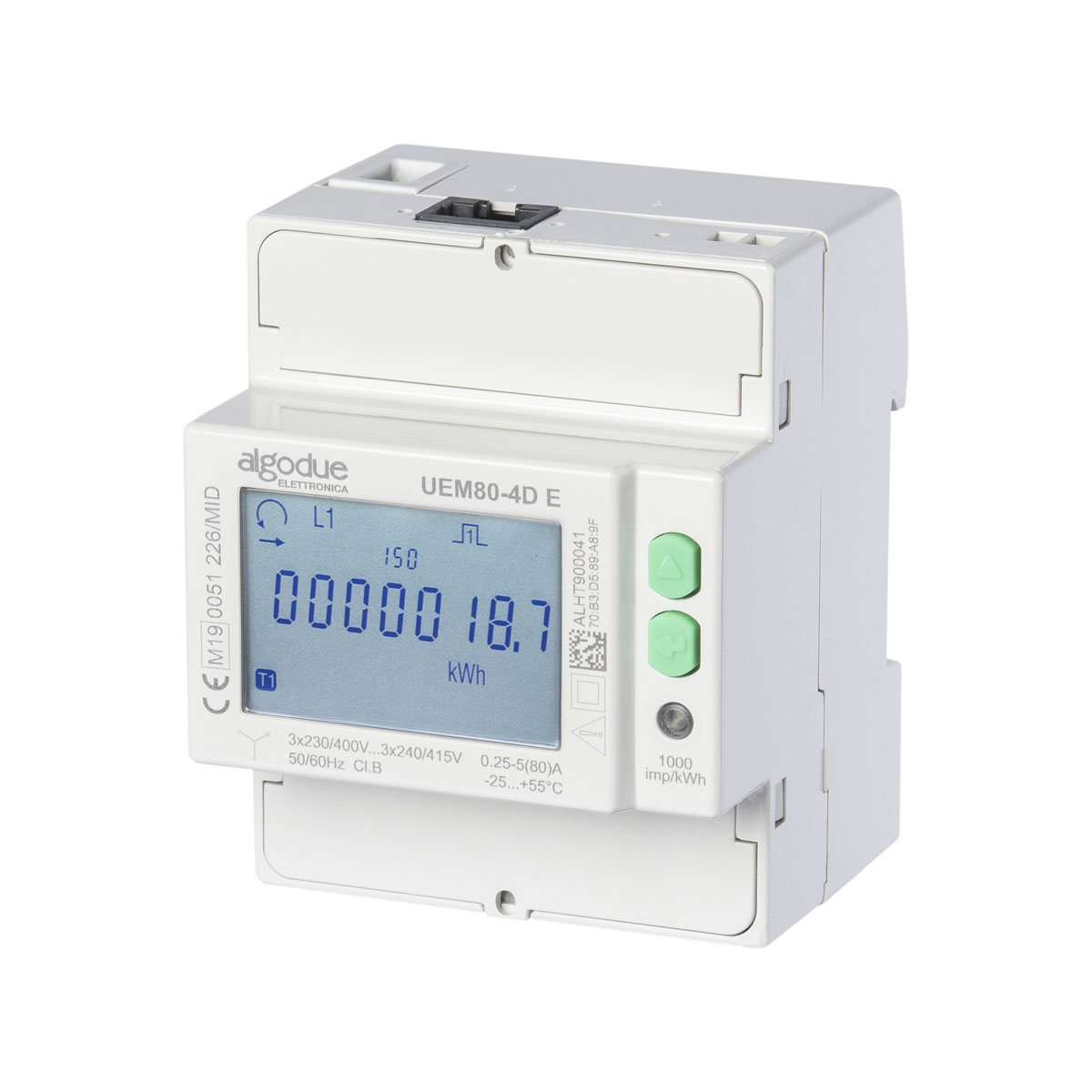 UEM80 3phase 80A Algodue Energy Meter Angle view with Ethernet